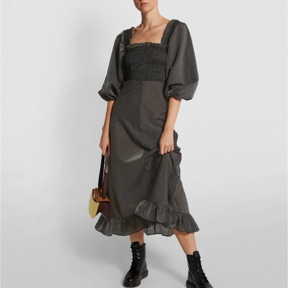 Ganni Seersucker Striped Smocked Square Neck Balloon Sleeve Midi Dress 34 / 2